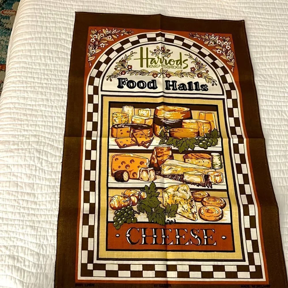 Vintage Harrods food Halls 1960s cheese tea towel Size 18 1/2” x 30”